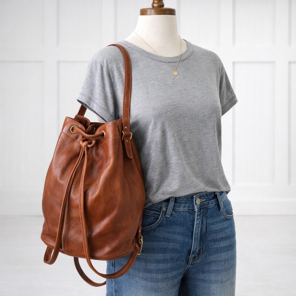Brown Leather Drawstring Backpack